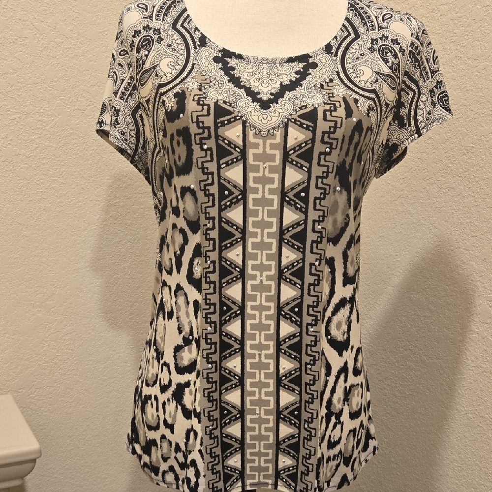 INC.  Elegant Black and Cream Patterned Women's Top